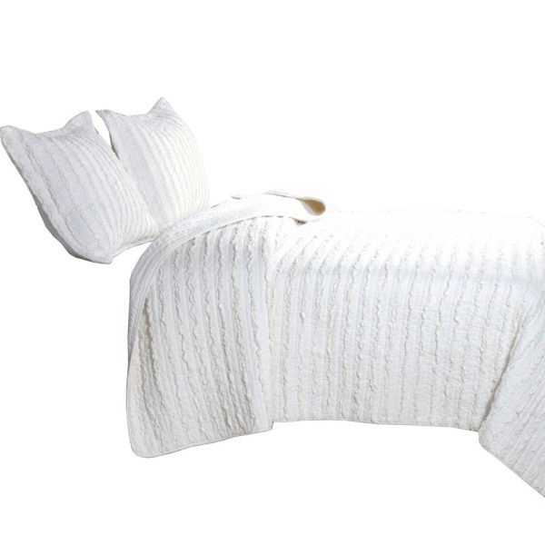 Yukon Fabric 3 Piece King Size Quilt Set with Ruffle Striped Pattern, White By Casagear Home Discount