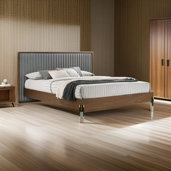 Noe Sia Queen Size Platform Bed, Channel Tufted Upholstery, Gray, Brown By Casagear Home Fashion