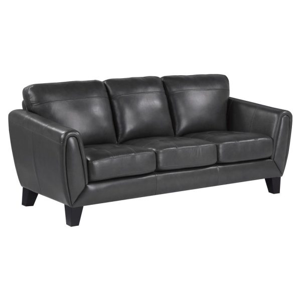 Sofy 83 Inch Sofa, Dark Gray Top Grain and Faux Leather, Solid Wood Feet By Casagear Home For Discount