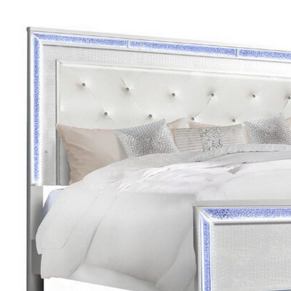 Noel Queen Size Bed with Crystal Tufted Upholstered Headboard, LED, White  By Casagear Home Cheap - Image 3