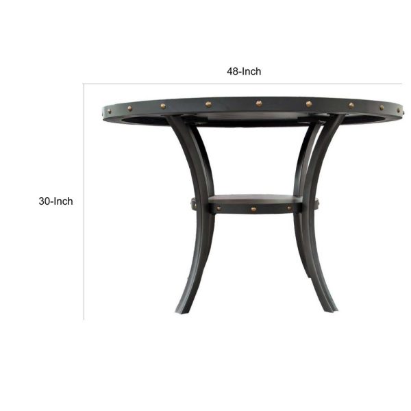 Sie 48 Inch Dining Table, Round Nailhead Trim Top with Shelf, Black Wood By Casagear Home Online Hot Sale - Image 2