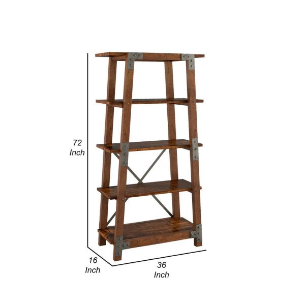 Fanny 72 Inch Bookshelf, 4 Tiers, Faux Rivet Details, Brown Wood Frame By Casagear Home For Cheap - Image 5