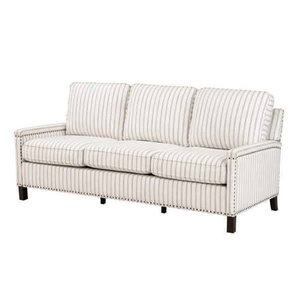 Claire 78 Inch Sofa, Beige, Gray Polyester Pinstripes, Cushions, Solid Wood By Casagear Home For Discount - Image 4