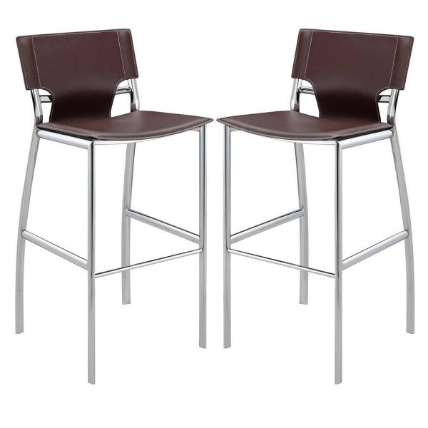 Suze 30 Inch Metal Bar Chair, Chrome Base, Brown Vegan Leather Upholstery By Casagear Home Fashion