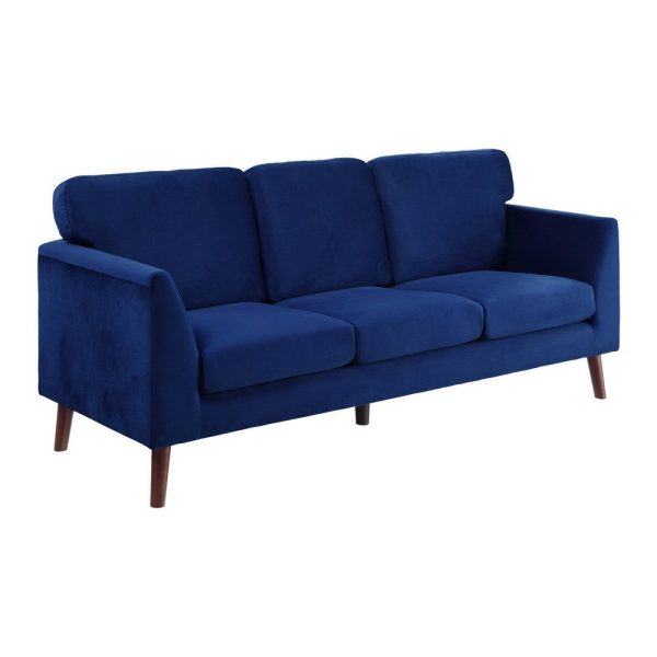 Bard 81 Inch Sofa, Blue Velvet, Reversible Cushions, Dark Brown Solid Wood By Casagear Home Discount