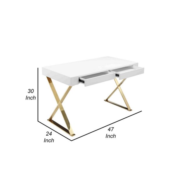 Rix 47 Inch Office Desk, 2 Drawers, Gold Metal Base, Rectangular, White By Casagear Home For Sale - Image 5