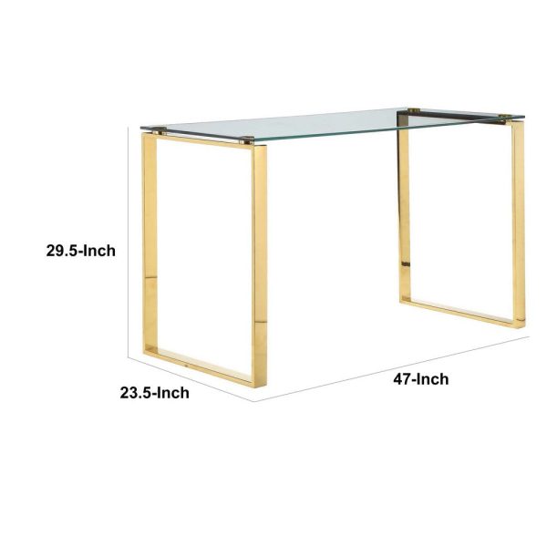 47 Inch Modern Office Desk, Clear Tempered Glass, Gold Sled Steel Frame By Casagear Home For Cheap - Image 5