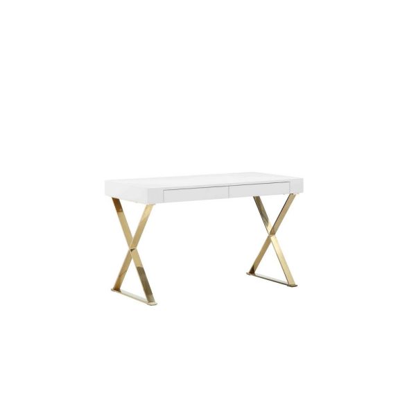 Rix 47 Inch Office Desk, 2 Drawers, Gold Metal Base, Rectangular, White By Casagear Home For Sale