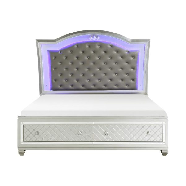 Piros Queen Platform Bed, Faux Leather Upholstery, LED, Mirror Trim, Silver By Casagear Home Online Hot Sale - Image 5