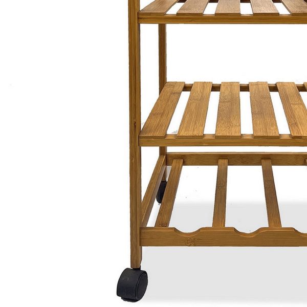 Harry Kitchen Bar Cart, 1 Drawer, 3 Shelves, Brown Bamboo, Rolling Wheels By Casagear Home Online Sale - Image 3