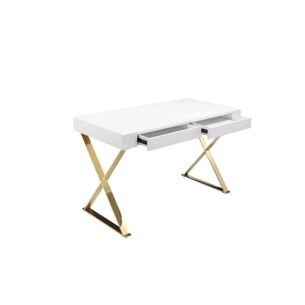 Rix 47 Inch Office Desk, 2 Drawers, Gold Metal Base, Rectangular, White By Casagear Home For Sale - Image 3