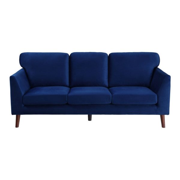 Bard 81 Inch Sofa, Blue Velvet, Reversible Cushions, Dark Brown Solid Wood By Casagear Home Discount - Image 2