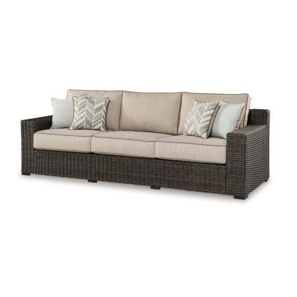Ashley Waga 97  Outdoor Sofa, 4 Throw Pillows, Brown Wicker, Beige Online Sale - Image 3