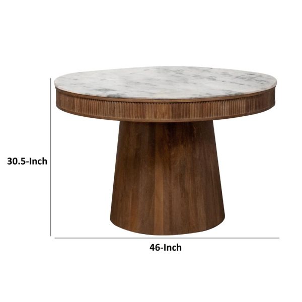 Evi 46 Inch Dining Table, Round Marble Top, Pedestal Base, Fluted, Brown By Casagear Home on Sale - Image 3