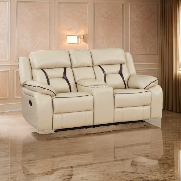 Millie 76 Inch Manual Dual Recliner Loveseat, Cupholder, Beige Faux Leather By Casagear Home Sale