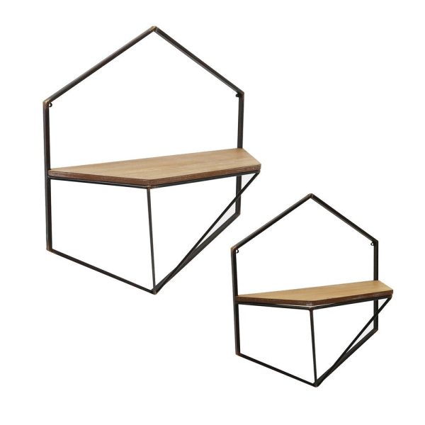 17 Inch Wall Shelves, Set of 2, Hexagonal Black Metal Frames, Brown Wood By Casagear Home Supply