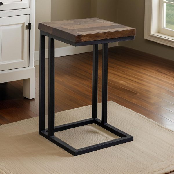 Tina Side End Table, Square Brown 15 Inch Wood Top, C Shape, Black Metal By Casagear Home For Discount