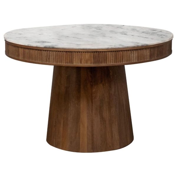 Evi 46 Inch Dining Table, Round Marble Top, Pedestal Base, Fluted, Brown By Casagear Home on Sale - Image 5