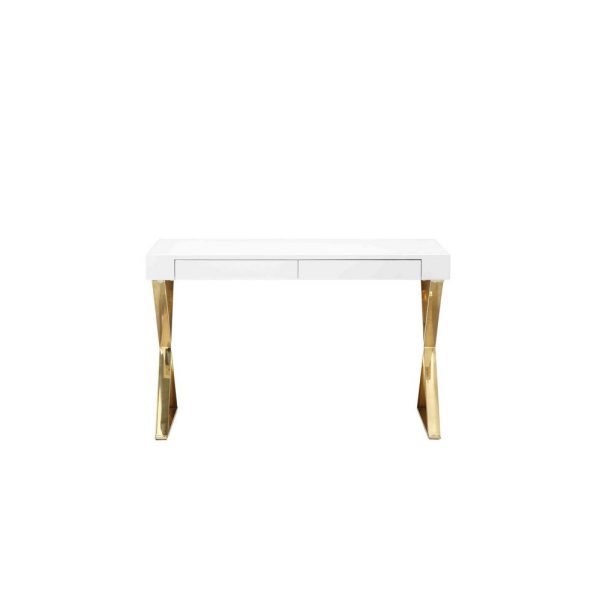Rix 47 Inch Office Desk, 2 Drawers, Gold Metal Base, Rectangular, White By Casagear Home For Sale - Image 2