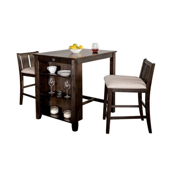 Lessi 3pc Counter Height Table Set with Side Shelf, USB , Cherry Brown Wood By Casagear Home Online Sale