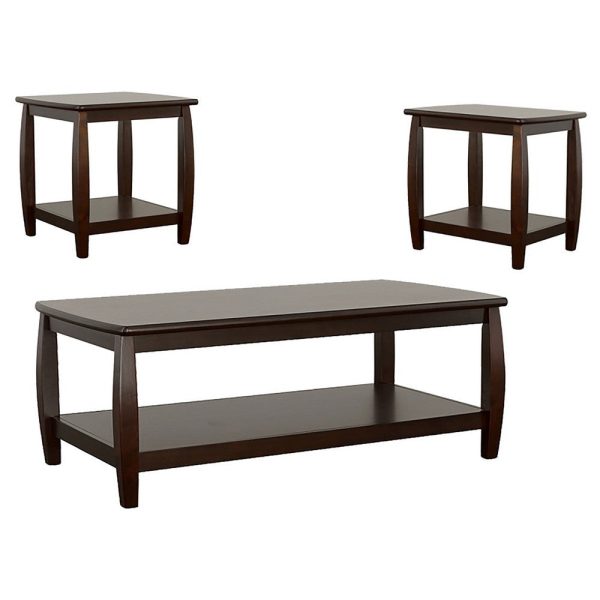 3 Piece Coffee and End Table Set, Open Shelves, Espresso Brown Solid Wood By Casagear Home For Cheap