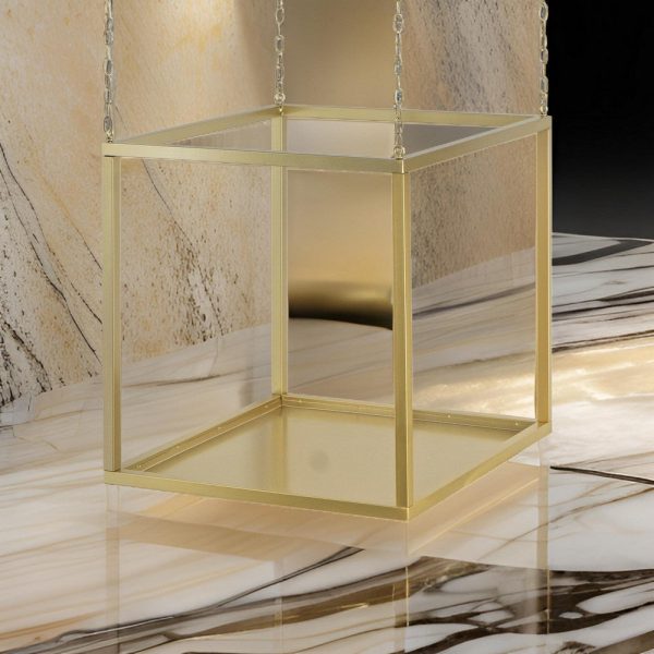 16 Inch Modern Iron Plant Stand, 4 Chains, Open Cube Design, Gold Finish By Casagear Home For Discount