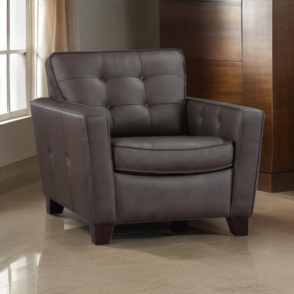 Erin 39 Inch Accent Chair, Brown Leather, Tufted, Soft Cushions, Solid Wood By Casagear Home Cheap