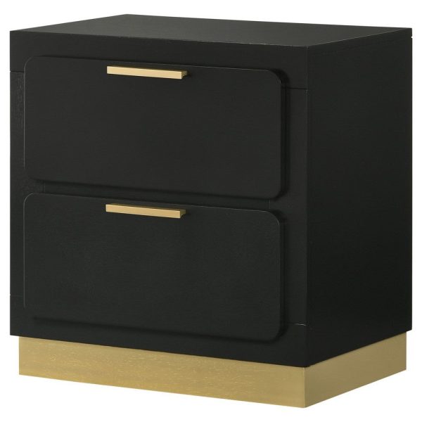 Caer Nightstand, 2 Drawers, Gold Accent Recessed Base, Bar Handles, Black By Casagear Home For Discount - Image 5