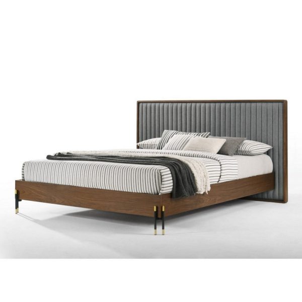 Noe Sia Queen Size Platform Bed, Channel Tufted Upholstery, Gray, Brown By Casagear Home Fashion - Image 4