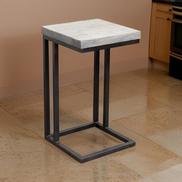 Tina Side End Table, Square White 15 Inch Wood Top, C Shape, Black Metal By Casagear Home Online