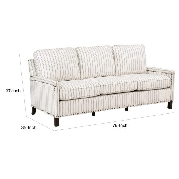 Claire 78 Inch Sofa, Beige, Gray Polyester Pinstripes, Cushions, Solid Wood By Casagear Home For Discount - Image 5