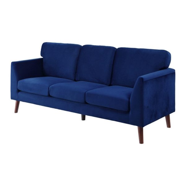Bard 81 Inch Sofa, Blue Velvet, Reversible Cushions, Dark Brown Solid Wood By Casagear Home Discount - Image 4