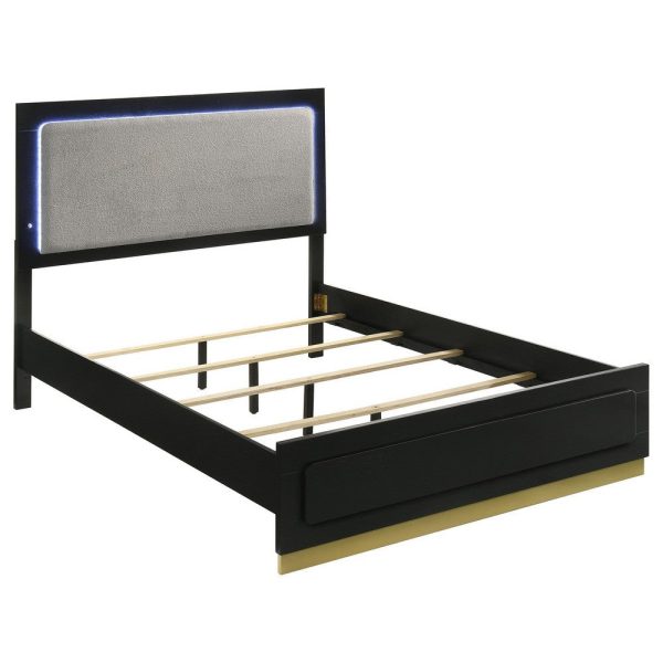 Caer King Size Bed, LED Panel Tall Headboard, Gray Upholstery, Black Okume By Casagear Home Supply - Image 3