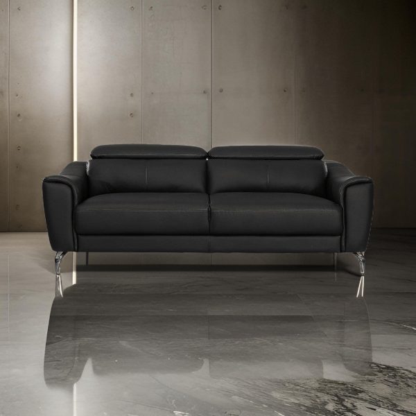 Reno Mave 80 Inch Sofa, Chrome, Flared Arms, Plush Black Top Grain Leather By Casagear Home Online Sale