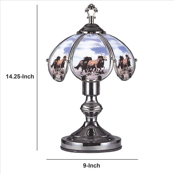 14.25   Umbrella Shade Glass Table Lamp with Running Horses Print, Silver By Casagear Home Online Hot Sale - Image 5