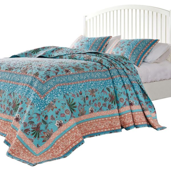 Dill 3pc King Bedspread Set, Turquoise Green Floral Microfiber Cotton By Casagear Home Online Sale - Image 2