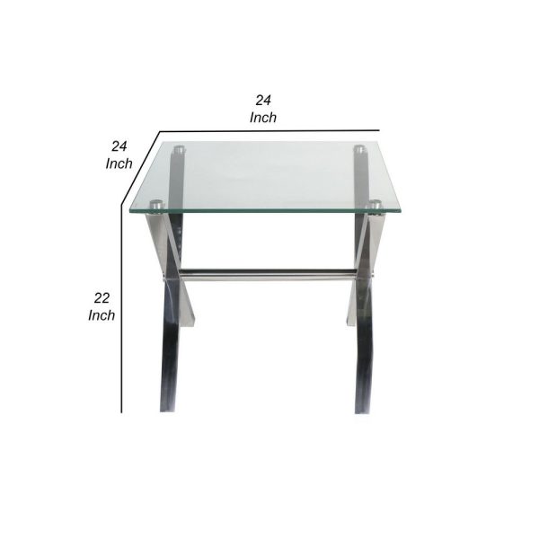 Tia 24 Inch Side End Table, Square Tempered Glass Top, X Shape Steel Legs  By Casagear Home on Sale - Image 5
