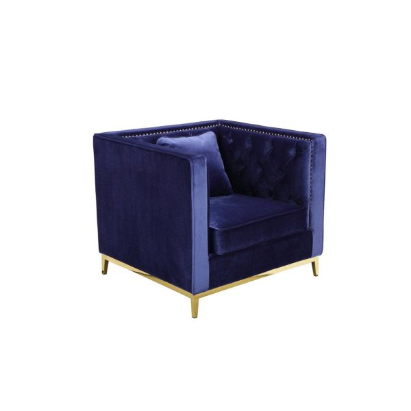 Vien 36 Inch Accent Chair, Navy Tufted Velvet, Gold Polished Steel Legs By Casagear Home Supply
