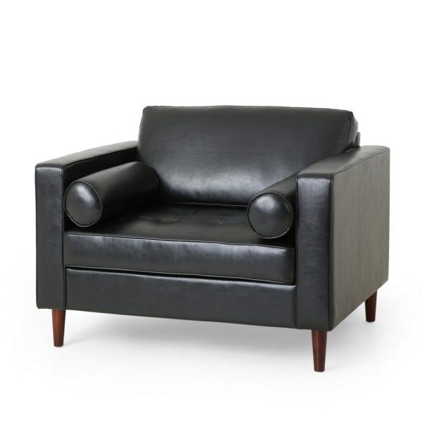 Accent Club Chair, 45 Inch Padded Seat, Birch Wood Legs, Black Faux Leather By Casagear Home Fashion