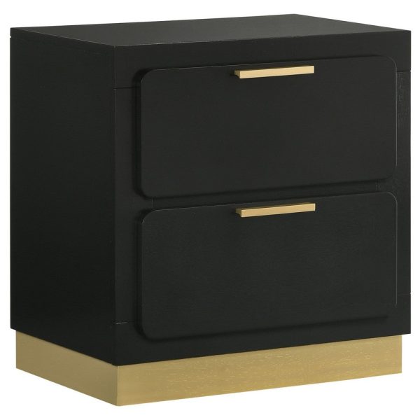 Caer Nightstand, 2 Drawers, Gold Accent Recessed Base, Bar Handles, Black By Casagear Home For Discount