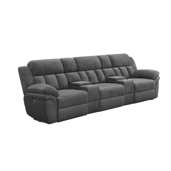 Jak Power Recliner Sofa, 2 Consoles, Cushioned Tufted Seats, Charcoal Gray By Casagear Home For Discount